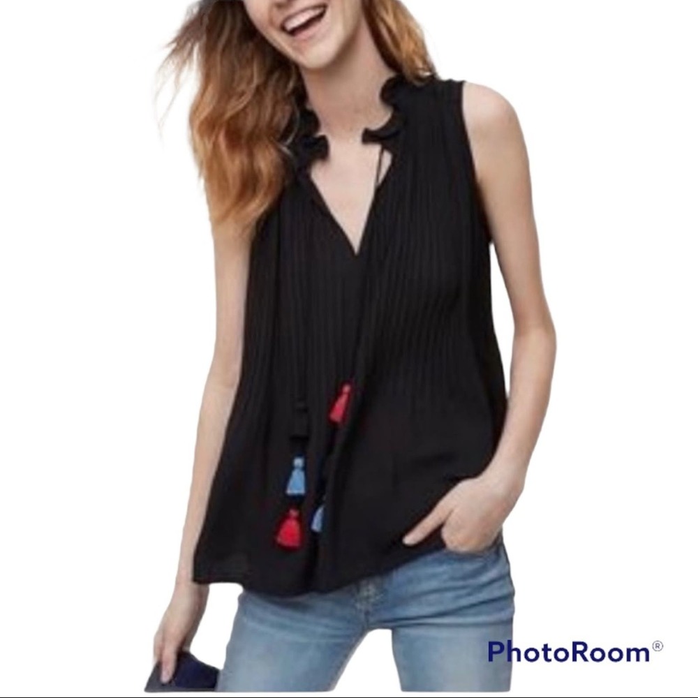 LOFT Pleated Tassel Tie Neck Shell